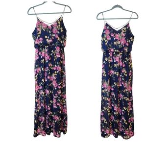 [S] Sienna Sky Maxi Dress Flowers on Navy Background Sz Small Chiffon Li…